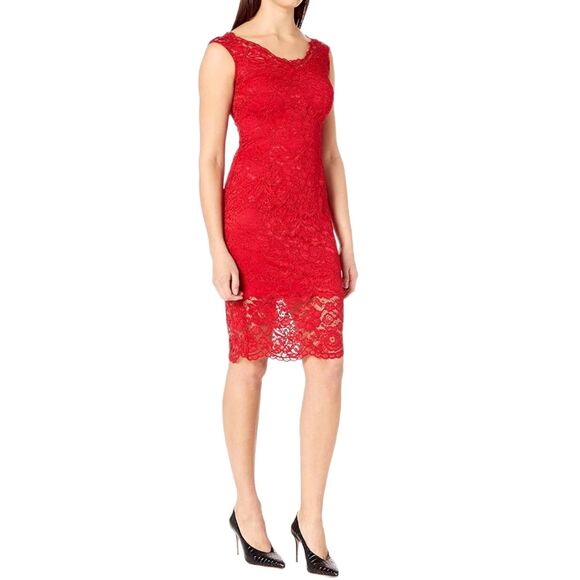 Marina | Red Floral Metallic Lace Overlay Knee Length Sheath Dress, Size M or 8 - Picture 1 of 10